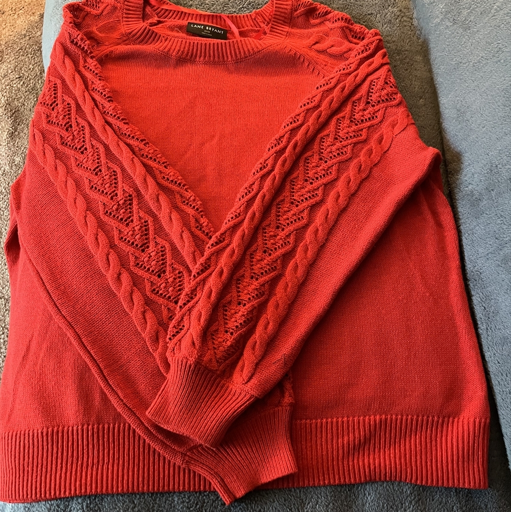 Lane Bryant Red V-Neck Cable Knit Sweater